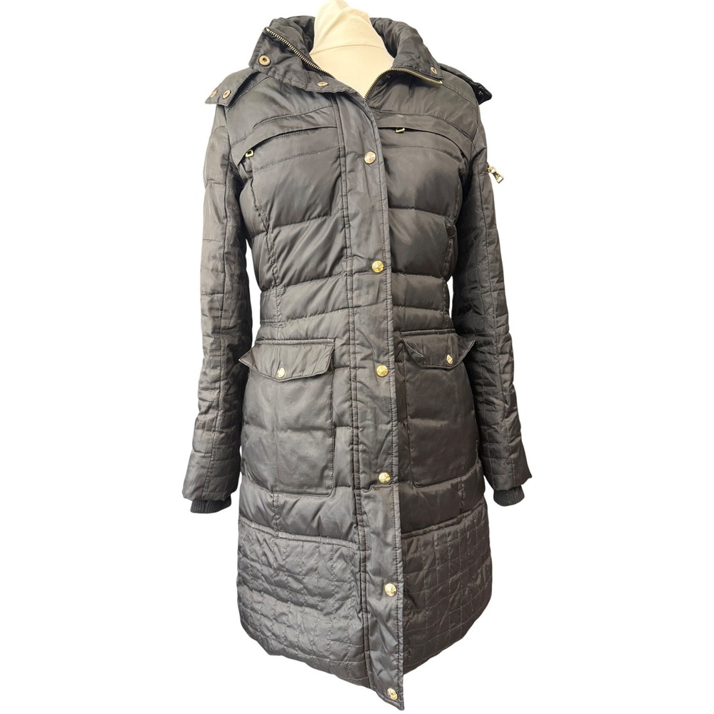 Sam Edelman Womens Black Long Puffer Coat Quilted Gold Hardware Removable Hood M